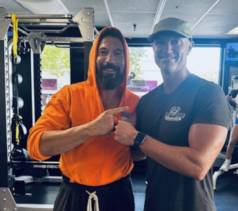 Actor Jon Bernthal, left, is ready to join Adam Howard, The Body Shop Fitness Center owner, for day 45 of the Burpees for Beebe challenge.